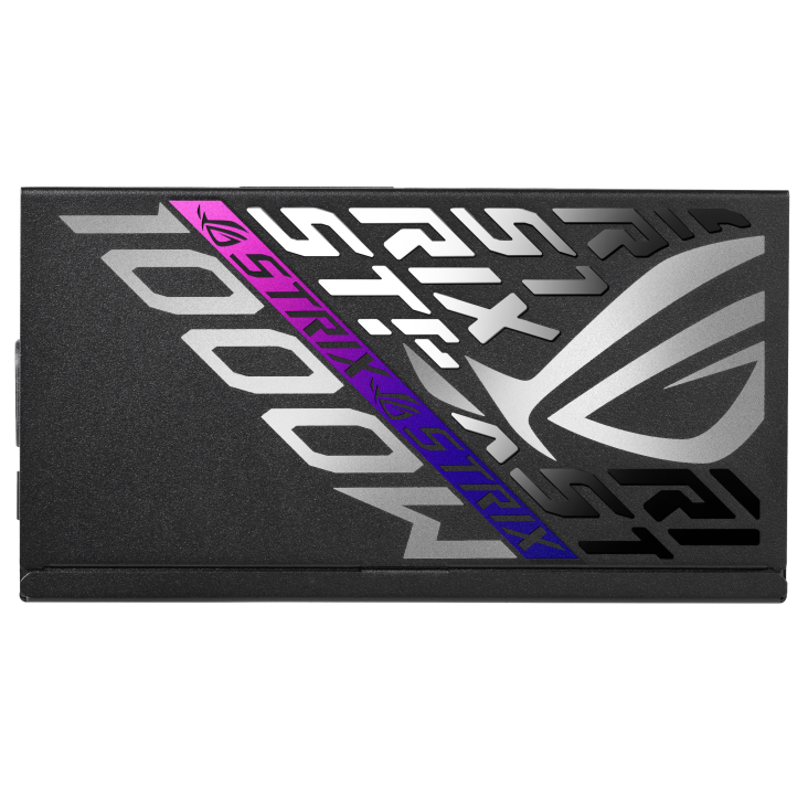 Right side of ROG Strix 1000W Platinum with purple customized sticker attached