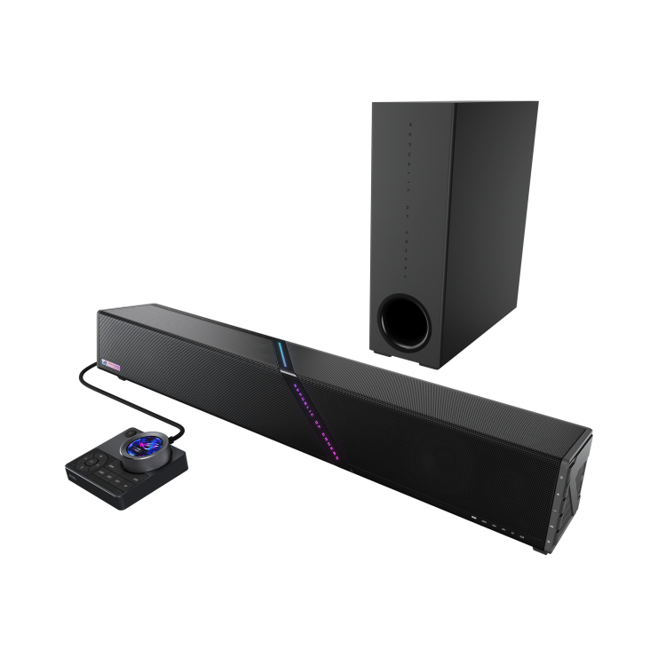ROG Gjallar PC gaming soundbar side view angled from left with wireless subwoofer front view and audio control hub