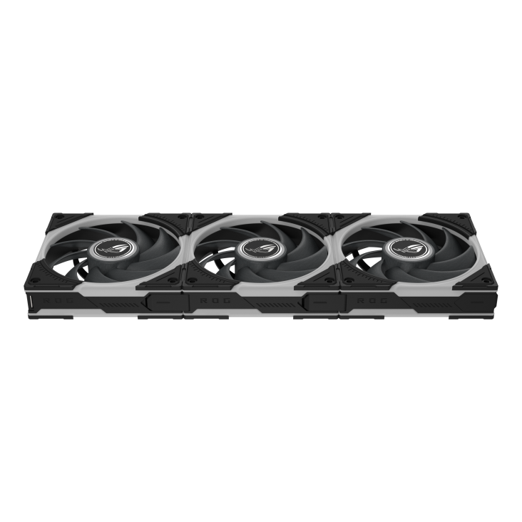 Top down view of ROG Eurux GR120 ARGB Fan Triple pack Black showing side frame with patented daisy chain and ROG patterns 