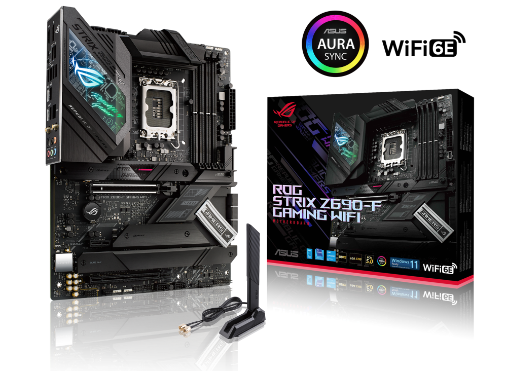 ROG STRIX Z690-F GAMING WIFI angled view from left with the box and Aura Sync