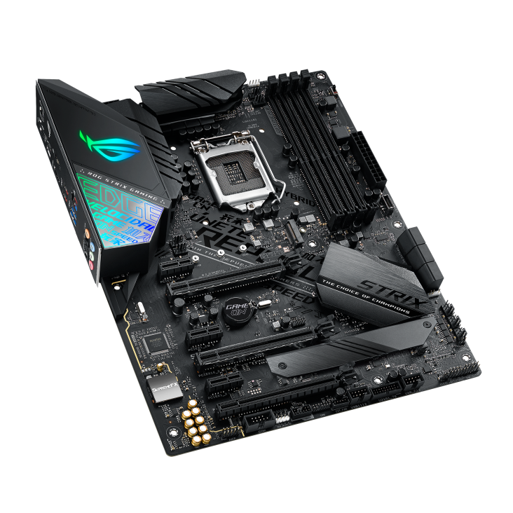 ROG STRIX Z390-F GAMING top and angled view from left