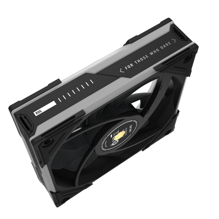 ROG Eurux GR120 ARGB Fan Black top down angle view with ROG pattern and lighting area