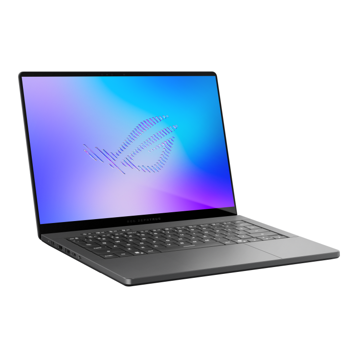 11_2026 Zephyrus G14 Off center shot of the front of the Zephyrus G14, with the ROG Fearless Eye logo on screen