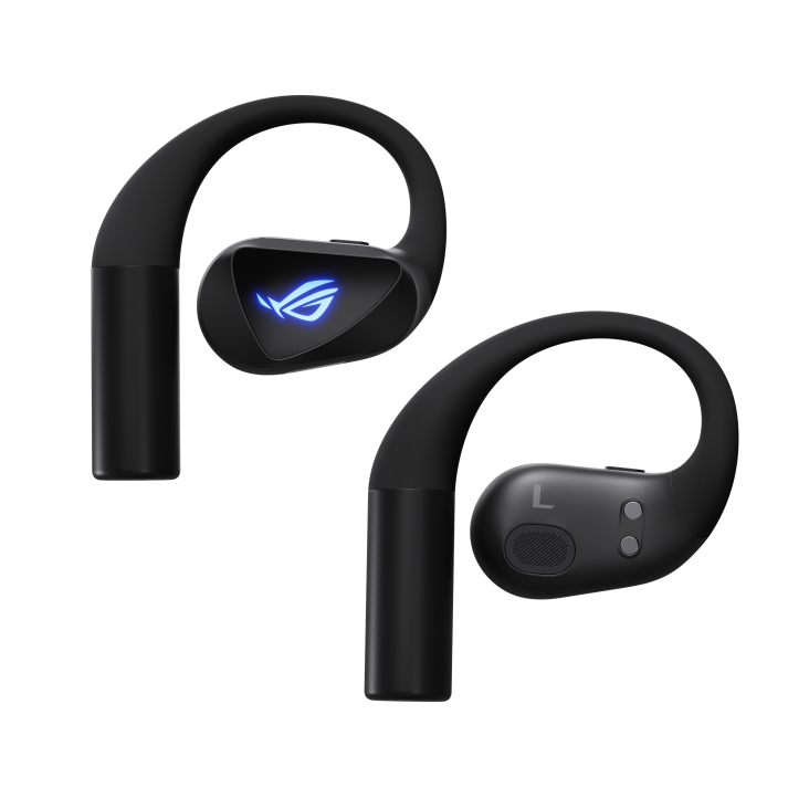 ROG Cetra Open Wireless gaming earbuds showing angled ear-hook fit and physical control buttons