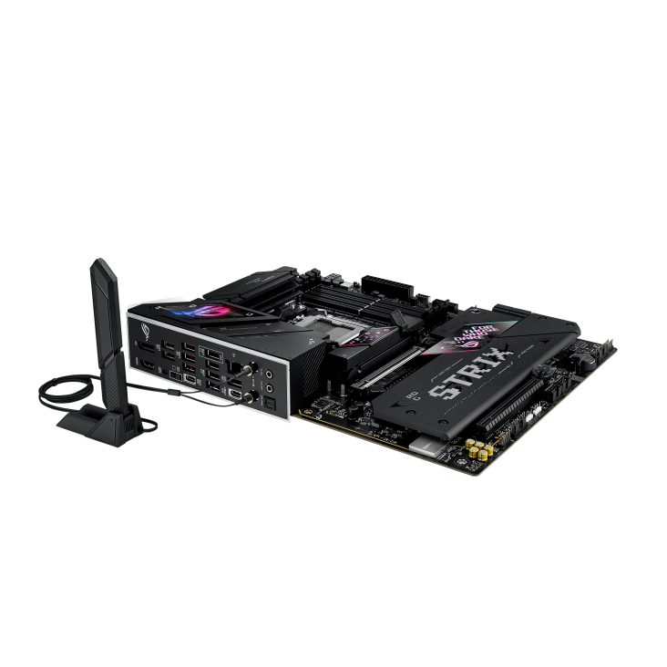 ROG STRIX B850-E GAMING WIFI lie flat, viewed from the I/O ports side, with WIFI Q-Antenna