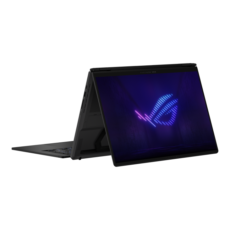 17_ROG Zephyrus DUO 16 (2026) in tent mode with glowing logo on the display