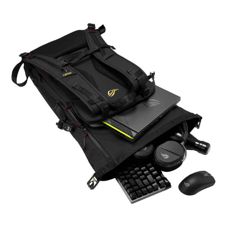 Open ROG backpack, gaming laptop and accessories