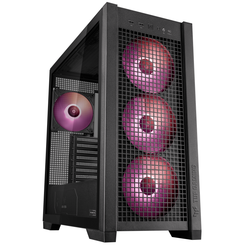 TUF Gaming GT302 ARGB black hero shot showing the front and left side with aura lighting 