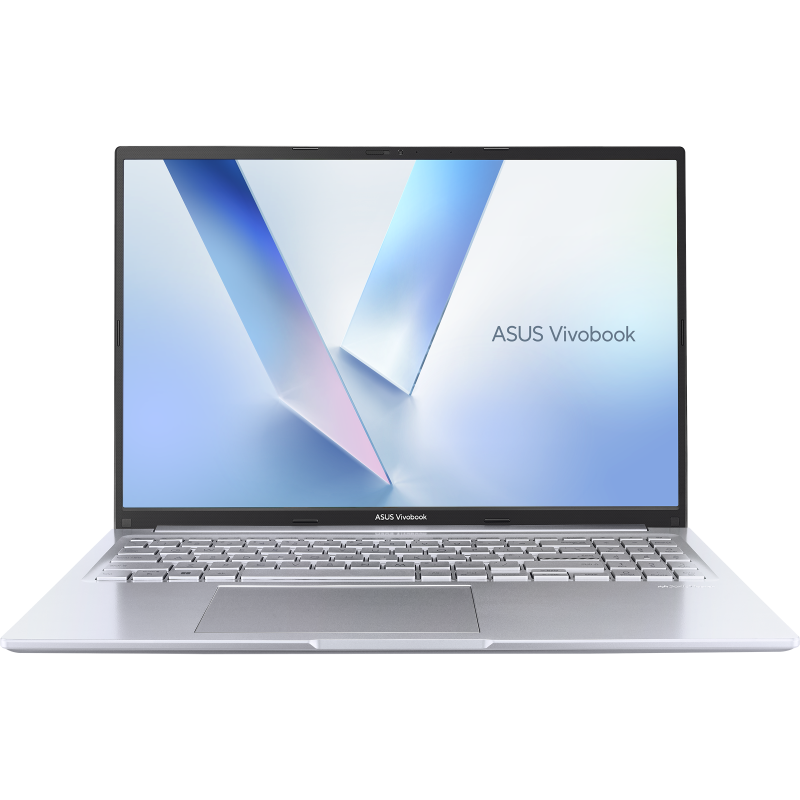 Cool Silver ASUS Vivobook 16 opened at 90-degree from the front view.