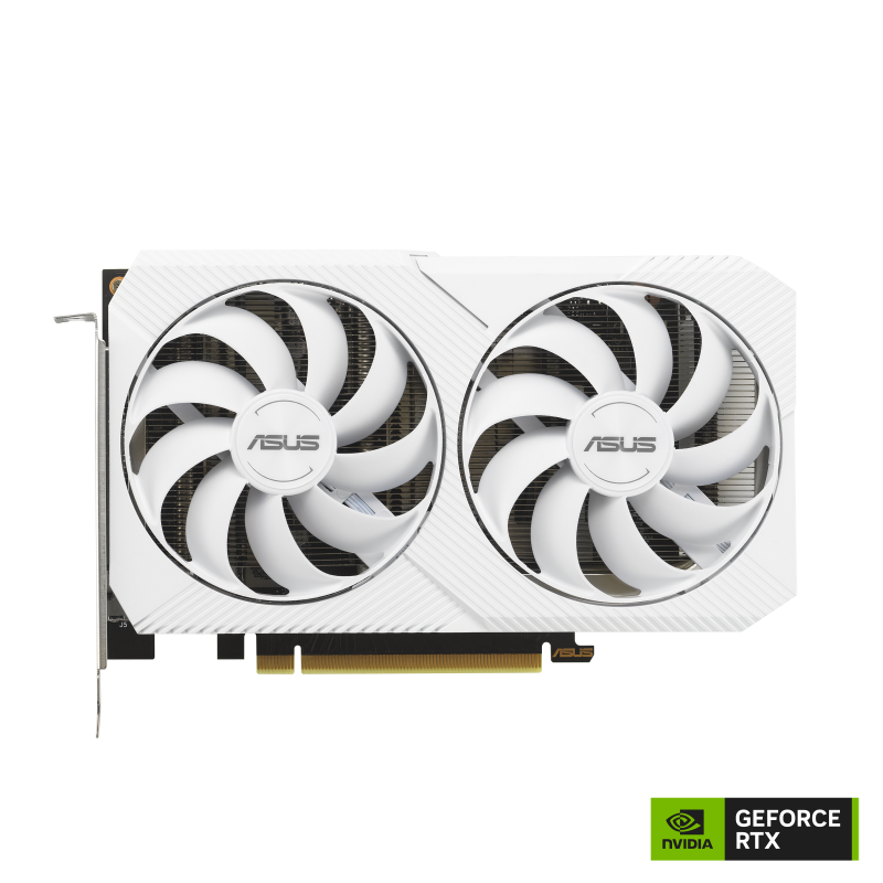 Front view of the ASUS Dual GeForce RTX 3060 12GB White OC Edition graphics card with NVIDIA logo